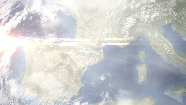 Zoom in from space and focus on Les Bons, Andorra. 3D Animation. Background for travel intro. Elements of this image furnished by NASA	