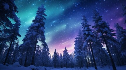 Emerald Sky Aurora Borealis Over Winter Pine Trees