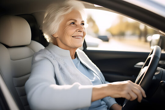 Joyful older woman with white hair enjoys driving, radiating happiness behind the wheel.
