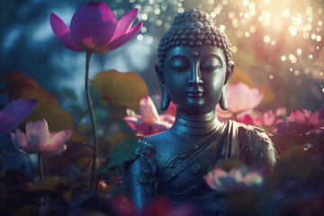 Buddha and Lotus Flowers. Buddha Face and Pink Lotuses - obrazy, fototapety, plakaty