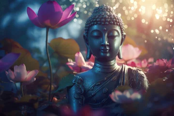 Fototapeten Buddha and Lotus Flowers. Buddha Face and Pink Lotuses © maxa0109