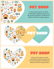 set of horizontal banners with doodles of pets for pet shops, shelters, vets. good for flyers, posters, prints, cards, templates, etc. EPS 10