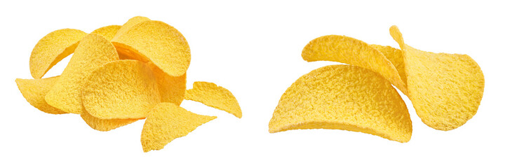 Potato chips isolated on white background with full depth of field.