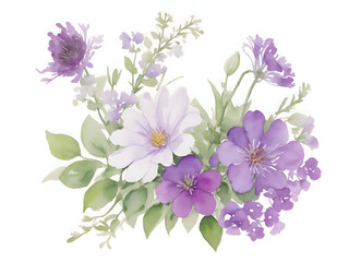 bouquet of purple flowers with green leaves, ai generative