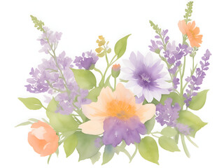 bouquet of purple flowers with green leaves, ai generative