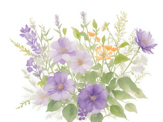 Fototapeta na wymiar bouquet of purple flowers with green leaves, ai generative