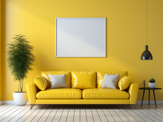 Modern living room interior design with sofa, plant, vase and blank frame