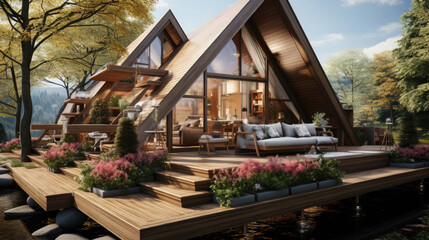 Fototapeta premium a-frame house in nature, glamping, hotel, recreation center, modern architecture, stylish building, guest house, villa, triangular, pyramidal, glass, garden, wood