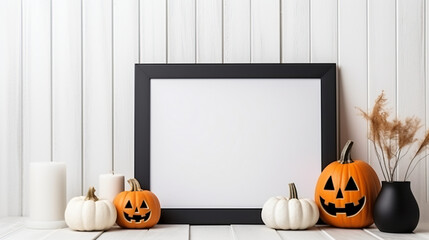 Halloween mock up. Black frame on a white shelf