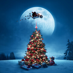 Christmas background: decorated tree and Santa Claus flying in the sky