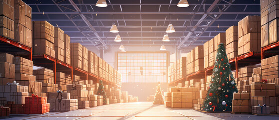 A large Christmas warehouse with numerous items. Rows of shelves with boxes. Logistics. Inventory control, order fulfillment or space optimization