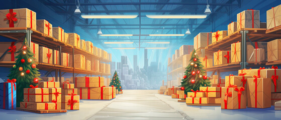 A large Christmas warehouse with numerous items. Rows of shelves with boxes. Logistics. Inventory control, order fulfillment or space optimization - obrazy, fototapety, plakaty