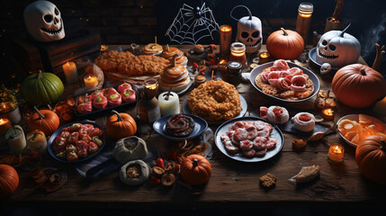 Obraz na płótnie Canvas Halloween party food table scene over a rustic wood