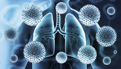 Human lungs respiratory anatomy with virus. 3d illustration.. - obrazy, fototapety, plakaty