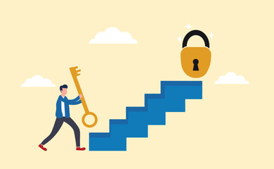 start looking for solutions to problems, start solving problems, towards success in overcoming obstacles. Smart businessman managed to open the lock with the key standing in his big hand. Illustration
