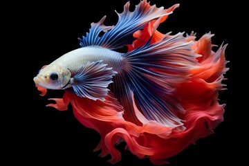 Fototapeta premium Siamese fish with flower tails and fins. Colorful floral fighting betta fish isolated on black