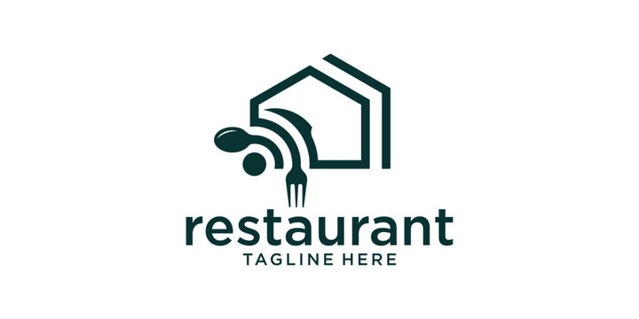 restaurant logo design with elements combining the shape of a house, internet signal and cutlery.