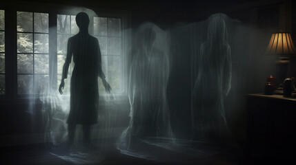 Ethereal figures in a dim room.