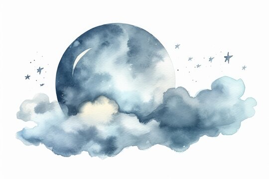Moon, Clouds and Stars Watercolor Illustration for Baby Shower. AI generated