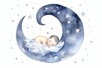 Moon and Stars Watercolor Illustration for Baby Shower Invitation on white background. AI generated