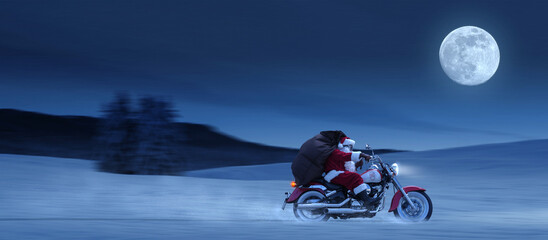 Unconventional Santa Claus riding a fast motorcycle