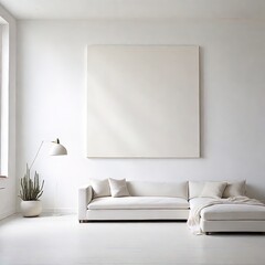 Interior of a living room with a white sofa and a vertical poster.