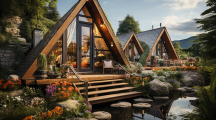 Fototapeta premium a-frame house in nature, glamping, hotel, recreation center, modern architecture, stylish building, guest house, villa, triangular, pyramidal, glass, garden, wood