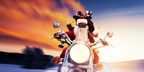 Cool Santa Claus riding a fast motorbike