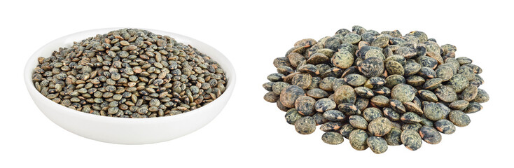 raw french green lentils in ceramic bowl isolated on white background with full depth of field