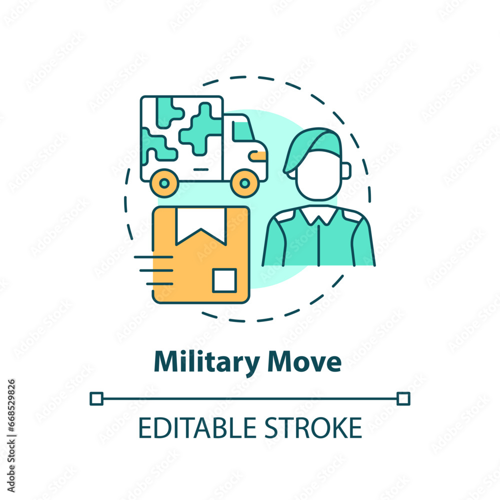 Poster 2d editable military move icon representing moving service, simple isolated vector, multicolor thin 