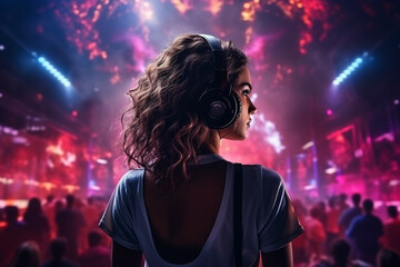 girl DJ at a disco in neon lights