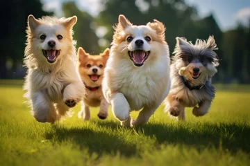 Tuinposter Group of cute dogs running and playing on the green grass in the park. Concept. Products. Pet food. © ORG