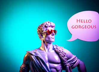 An antique bust wearing lilac clothes, with lilac hair and red sunglasses, sweet talking. The words are written in a speech bubble. Handsome and charming man trying to seduce a woman. Generative AI