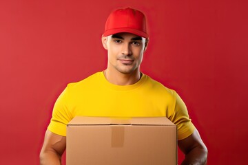 The delivery man wore a bare T-shirt and gloves, his face holding a yellow cardboard box.