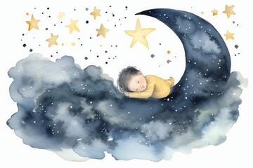 Starry Night Watercolor Illustration for Baby Shower Banner. AI generated