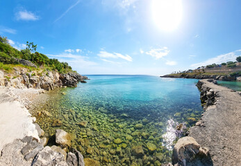 Nature landscape panorama view of beautiful beach and sea in sunny day, island of Pag Croatia....