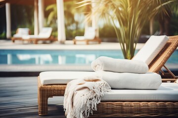 Poolside lounge are with rattan sofa with ornaments pillows. Beautiful hotel spa or wellness concept, recreational