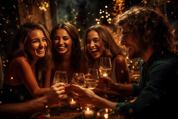 group of young cheerful people celebrating new year at a party