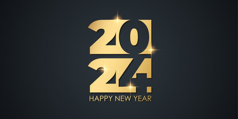 2024 Happy New Year celebration festive banner for New Year holiday greetings graphic design. Black and gold colors. Vector illustration.