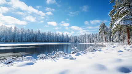 Frozen Lake Amidst Snow-Covered Pines