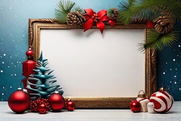 Fototapeta na wymiar Christmas greeting card with blank frame and christmas decorations on wooden background.