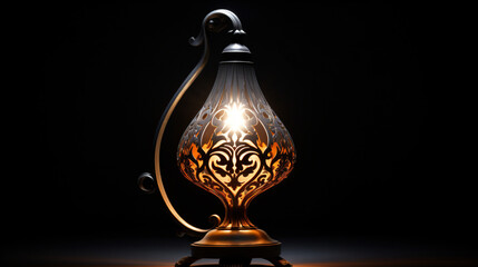 Glowing lamp with deigning metal on black background - obrazy, fototapety, plakaty
