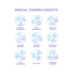 Set of 2D creative gradient thin line icons representing medical tourism, isolated vector, linear illustration.