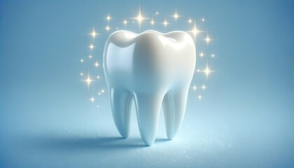 Molar tooth gleaming with sparkles, blue background, symbolizing perfect dental health and allure, 3d illustration, ai generated