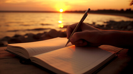 Hands writing book pencil sunset