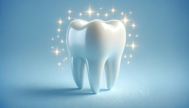 Molar tooth gleaming with sparkles, blue background, symbolizing perfect dental health and allure, 3d illustration, ai generated