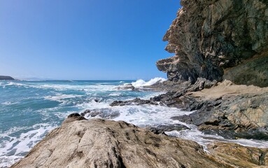 Rocky shore by the ocean on the Spanish island of Fuerteventura