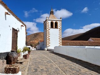 A church tower in a small town on the Spanish island of Fuerteventura
