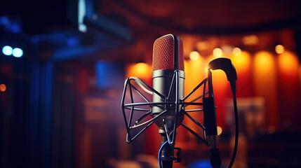 Fototapeta na wymiar Studio condenser microphone. Microphone on anti-vibration live recording with side view colored light background. microphone record, music business equipment. Generative AI