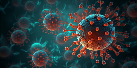 Close up macro details of red blue microbes molecules virus bacteria Coronavirus  microbiology and virology concept virus is seen in a dark background. - obrazy, fototapety, plakaty